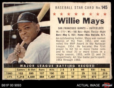 1961 Post Cereal #145 Willie Mays  Perforated Giants HOF 1 - POOR