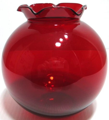 Vintage Anchor Hocking Glass Vase Royal Ruby Red Round Ball Crimped Rim 5 1/8" T