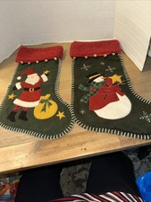 Lot Of 2 Green Felt Christmas Stockings w/ Santa And Snowman Appliqu  Lined