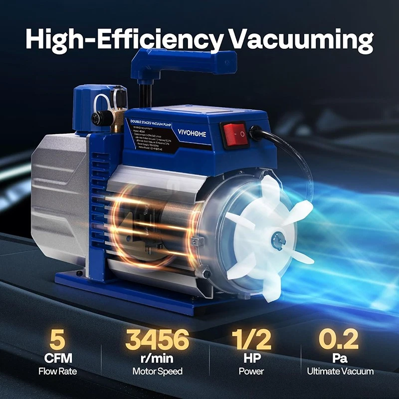 Bomba de vacío de aire HVAC de doble etapa 1/2 HP 5CFM juego de manómetros de colector de CA motor sin chispas Foto 4 de 4