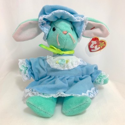TY Beanie Baby HiPPITY Mint Green Bunny With Blue Dress