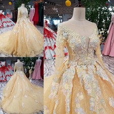 Appliques Lace Princess Champagne Wedding Dresses Long Sleeves Ball Gown Bridal