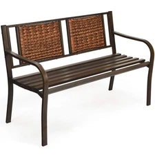 Outdoor Garden Bench, Brown, Iron, Metal, Polyethylene, Rattan, 50.5 in Width...