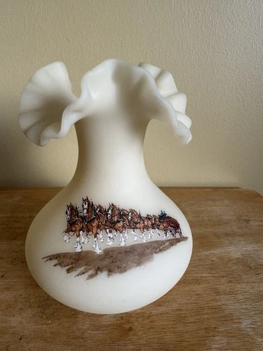Fenton Art Glass Ivory Vase Ruffled Rim Horse-drawn Carriage Matte Decorative