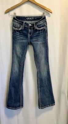 Grace In L.A. | Girls Flared Denim Steer Head Embroidered Pocket Bling Jeans-12