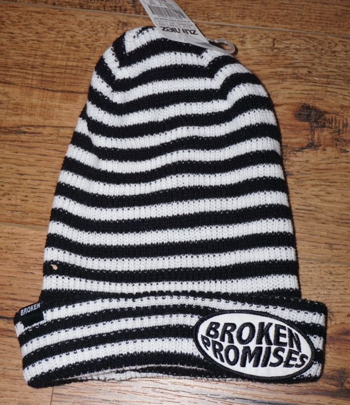 New Broken Promises Beanie Hat Black White Striped Knit Stylish Winter Cap
