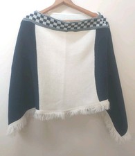 Vintage Retro 70's Ladies Navy  Ivory Fringed Sweater Poncho Boho Hippie Groovy