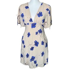 Free People Floral Flutter Sleeve V Neck Mini Dress Beige Blue Size 2