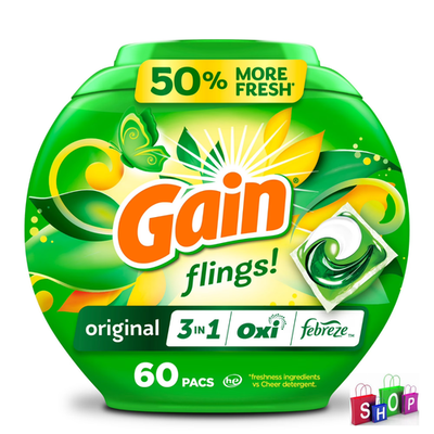 #ad Gain Flings Laundry Detergent Soap Pacs 3 in 1 Oxi Boost and Febreze Original $12.00