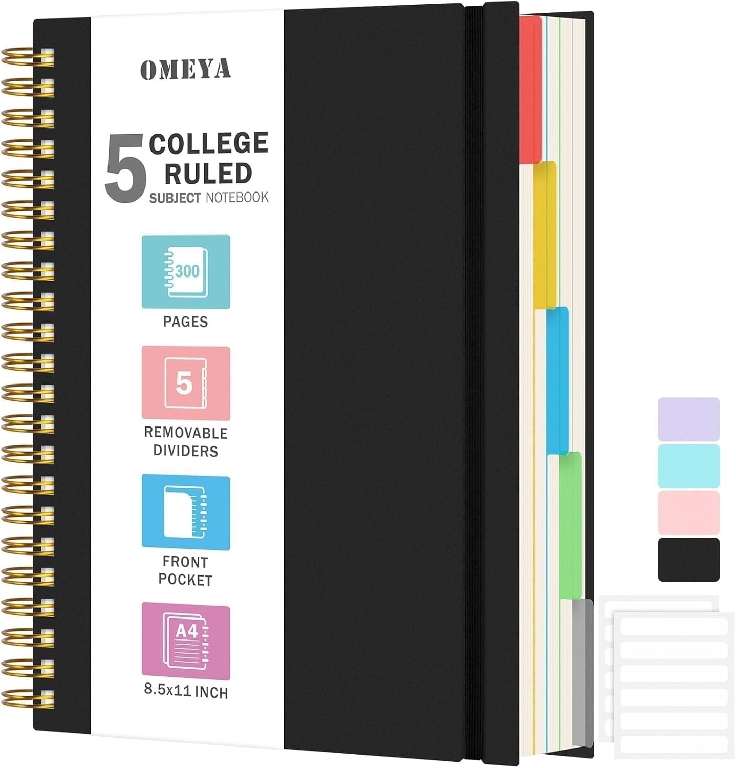 Spiral Notebook 8.5"" x 11"", 5 Subject Notebooks College Ruled with Removable Di