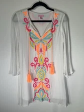Lilly Pulitzer white gauzy a-line dress neon embroidery boho preppy XS bell slvs