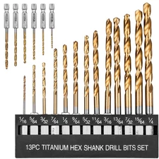 19 PCS Hex Shank Drill Bit Set, 1/16"-1/4" HSS Titanium Coated Twist Bits for...