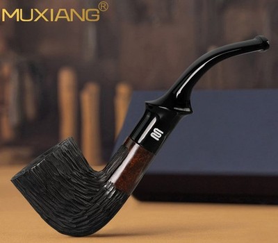 MUXIANG Briar Wooden Tobacco Pipe Classic Small Carved Pipe 9mm Filter Bent Stem