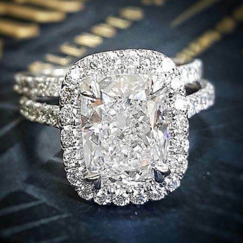 4CT Cushion Cut Simulated Diamond Halo Bridal Set Wedding Ring 14K White Gold FN