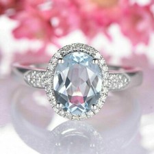 2.85Ct Oval Cut Aquamarine Diamond Simulated Halo Engagement Ring 925 Silver
