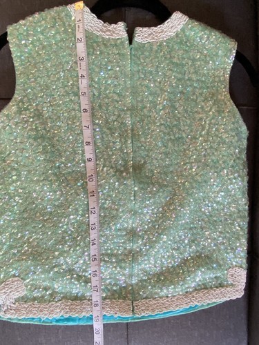 Vintage 50s 60s Hong Kong Handmade BEAUTIFUL Green Aqua Wool Beaded Sequin Top M - Picture 5 of 6