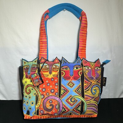 Laurel Burch Feline Clan Medium Tote Purse Handbag  Four Cats w/Bright Colors
