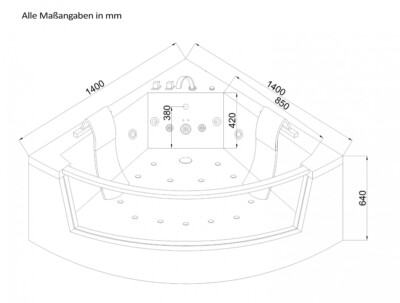 Whirlpool Badewanne 140x140 cm mit Armaturen 12 Massage Düsen Eckwanne