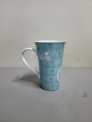 222 FIFTH TALL TURQUOISE BLUE COFFE TEA MUG BICYCLE WITH GARDEN BASKET  Porcelain | eBay