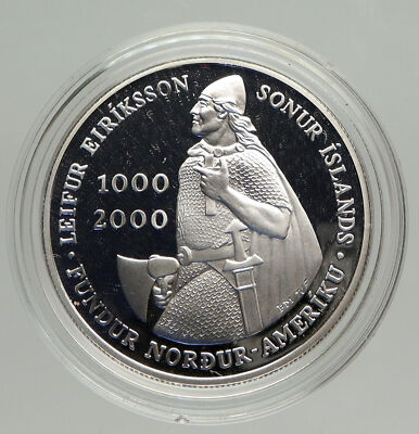 2000 ICELAND Leif Ericsson VIKINGS Vintage Proof Silver 1000