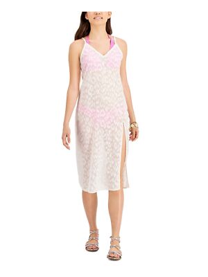 $34 Miken Animal Print Textured Slit Dress Metallic Lurex Cover Up White Size XS