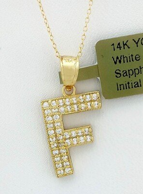 INITIALE ''F'' WEISSER SAPHIR ANHÄNGER 14K GELBGOLD - Neu mit Etikett - GRATIS KETTE