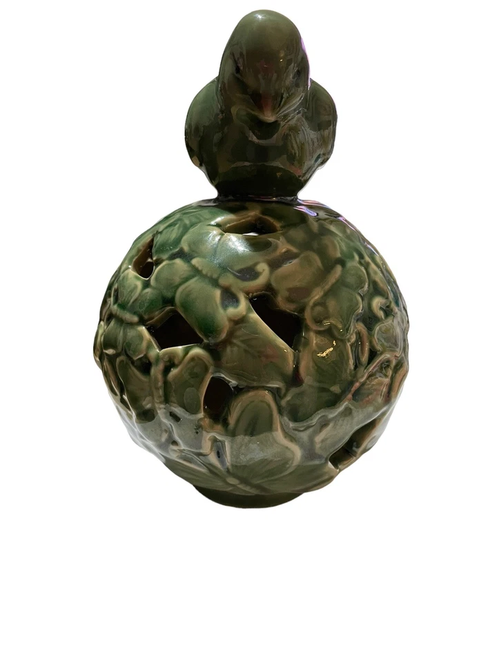 Vela de cerámica esmaltada / cubierta de popurrí bola de pájaro verde mariposas luminaria Foto 2 de 4