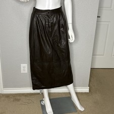 Vintage 80s Leather Midi Skirt Pleated Mob Wife Dark Brown 28 Waist Sz 12