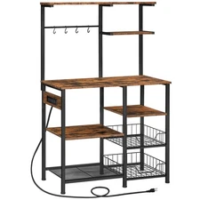 Large Bakers Rack with Power Outlets, 6-Tier Microwave Stand with 4 Hooks, Co...