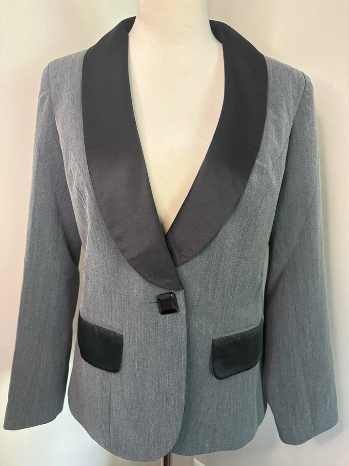 Chaqueta Blazer Traje Monroe & Main Mujer Gris Negro Borde Satinado Talla 6 Forrada Foto 2 de 4
