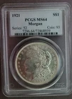 1921-P MS64 Morgan Silver Dollar $1.00: PCGS - Unc. - 90% Silver