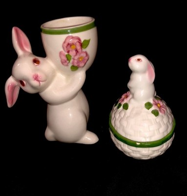 Vintage Avon Porcelain set White Bunny Rabbit  Trinket Box/votive candle holder