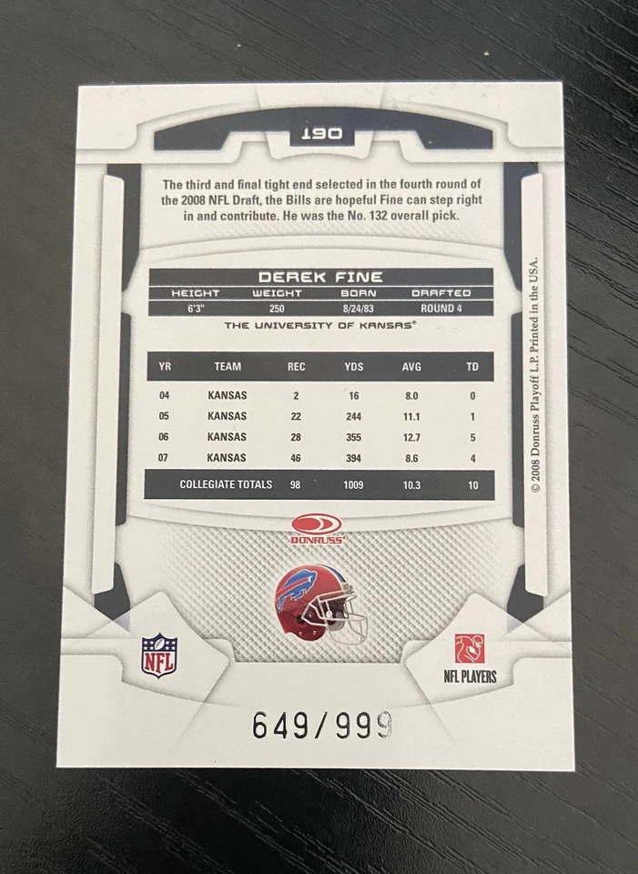 2008 Leaf Rookies & Stars - Rookie Derek Fine #190 /999 (RC) Bills - Image 2 of 2