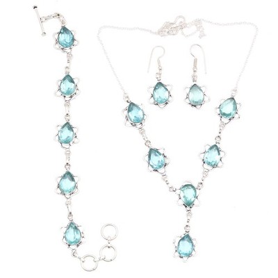 Swiss Blue Quartz Gemstone Jewelry Necklace Set 18-20''