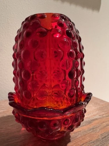 Fenton Ruby Red Hobnail Glass Fairy Lamp Vintage, UV Reactive, Glows in the Dark