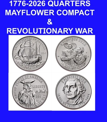 1776-2026 P&D Mayflower compact & Revolutionary War Quarters 4Coin Set