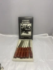 6   Couvert De Soirée Soft Cheese Knives Small  4” Wood  Handles  Made in Taiwan