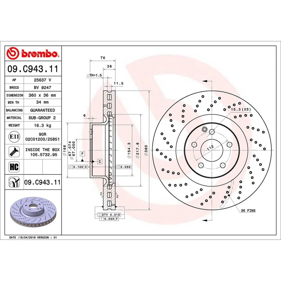 Brembo 09.C943.11 Disc Brake Rotor For 03-06 Mercedes-Benz CL55 AMG S55 AMG - Image 3 of 4