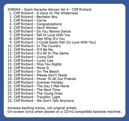 Cliff Richard Karaoke CDG - Zoom Karaoke Heroes Vol 4, 25 Tracks, CD+G, ZHR004 - Afbeelding 2 van 2