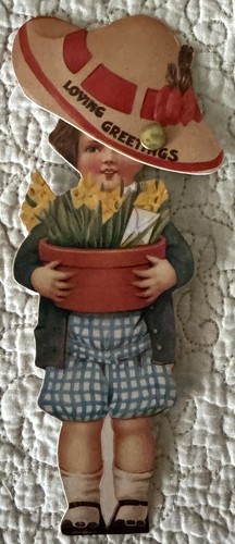 Neue viktorianisch inspirierte Mädchen Blume mechanische Grußkarte alte Druckfabrik - Bild 1 von 6