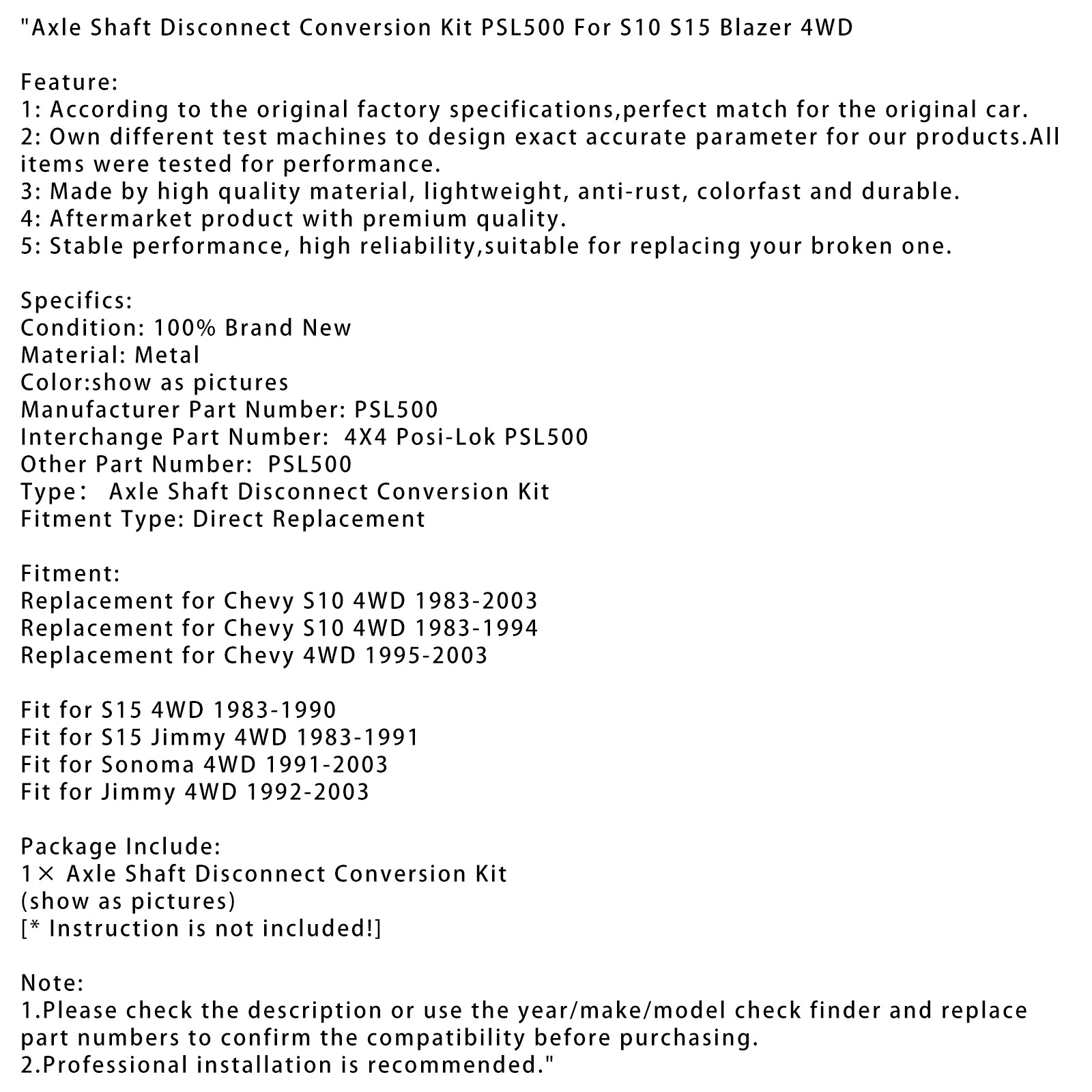 Axle Shaft Disconnect Conversion Kit PSL500 For S10 S15 Blazer 4WD T9