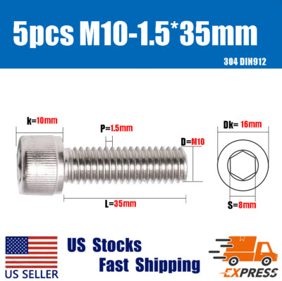 5PCS New M10 X 35mm 304 Stainless Steel Allen Hex Socket Cap Head Screws DIN912