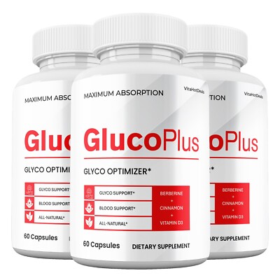 GlucoPlus Blood Optimizer Capsules, Max Strength, Gluco Plus Pills (3 Pack)