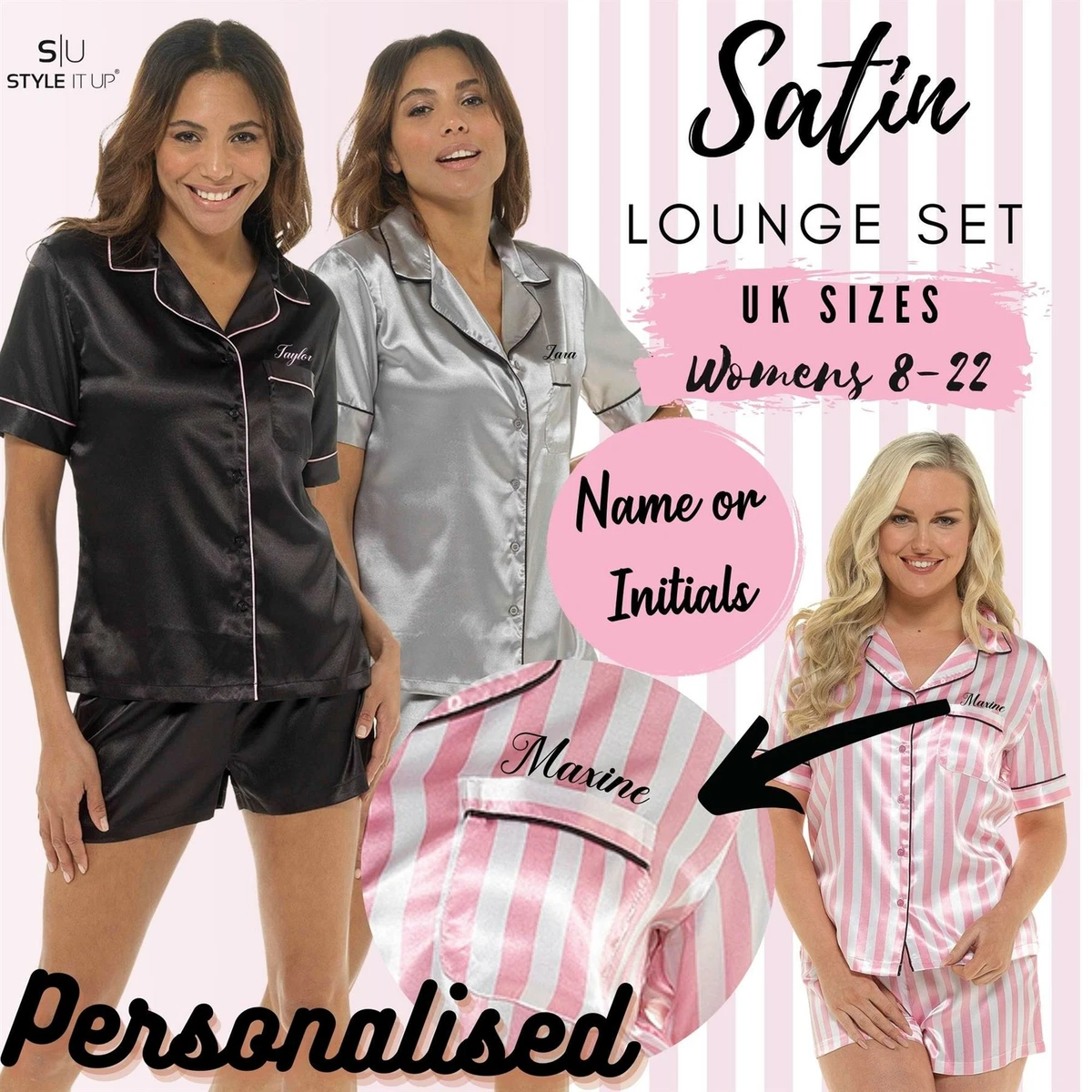 Personalised Ladies Satin Silk Pyjamas Pj Short Sleeve Womens Soft Nightwear Set