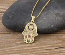 Evil Eye Hamsa Pendent Necklace with Rhinestone