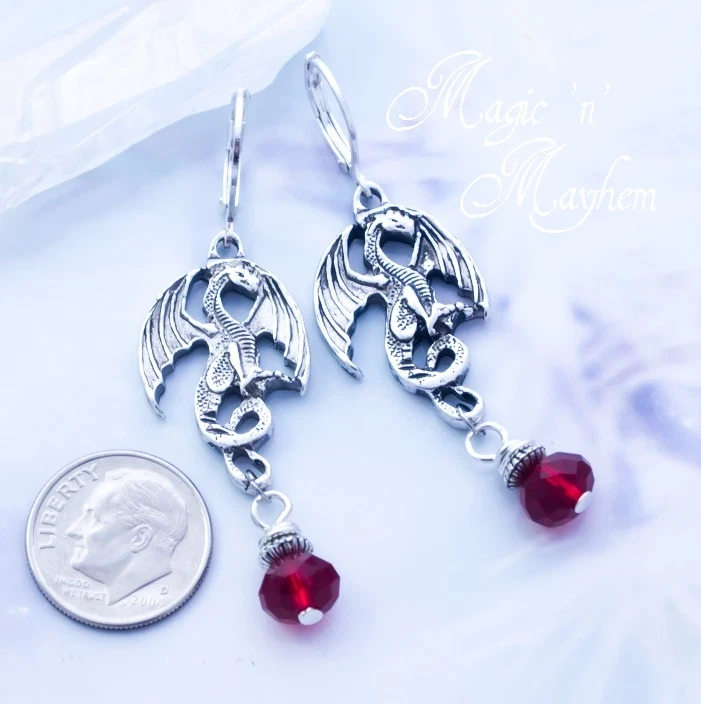 Pendientes Corazón del Dragón de Cristal - Joyería Hecha a Mano - Fantasía - Magia Foto 2 de 2