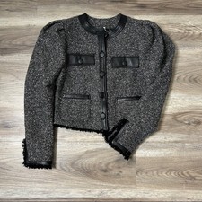 Frame Boucle Jacket Faux Leather Trim Size Xs Charcoal Black