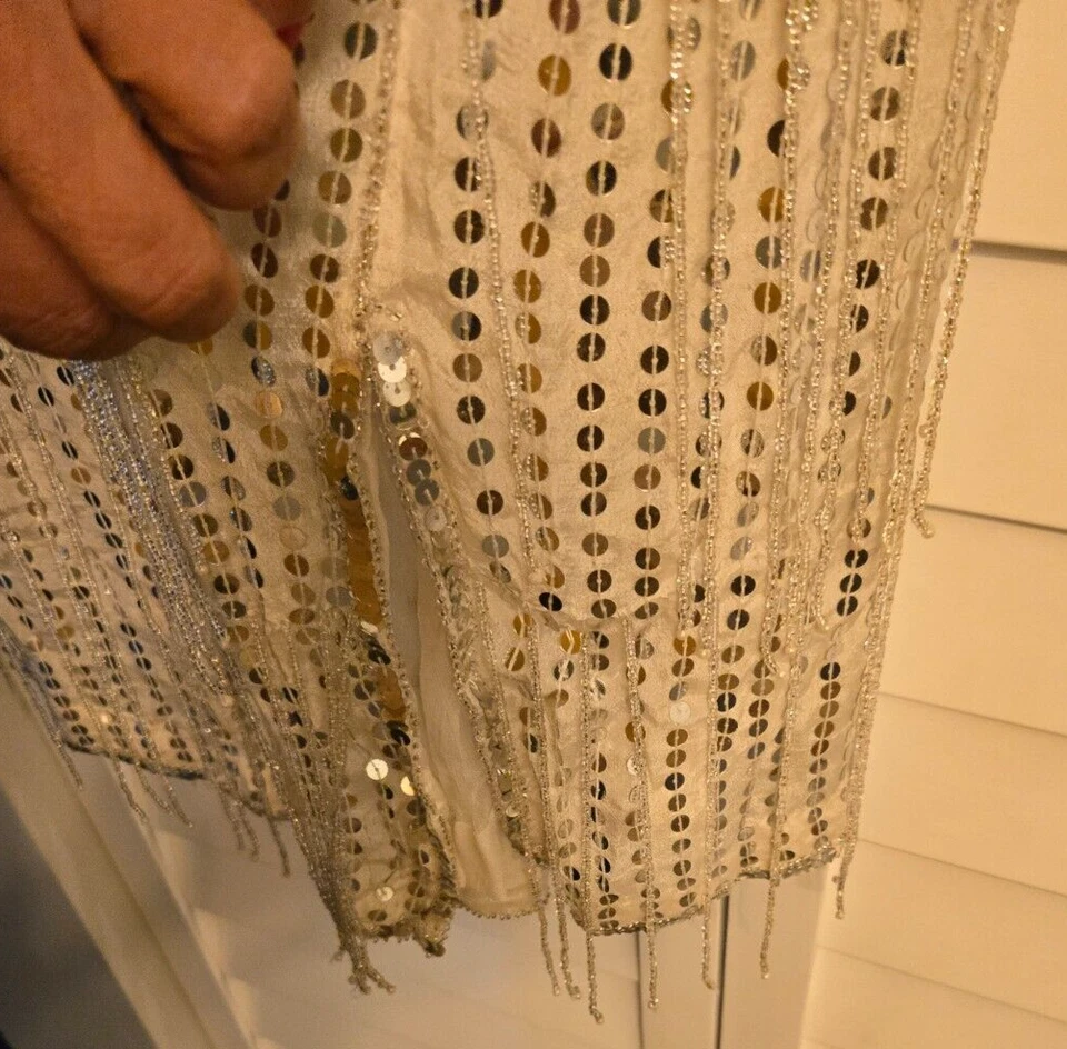 Vestido vintage blanco y plata lentejuelas cuentas 100% seda Foto 4 de 4