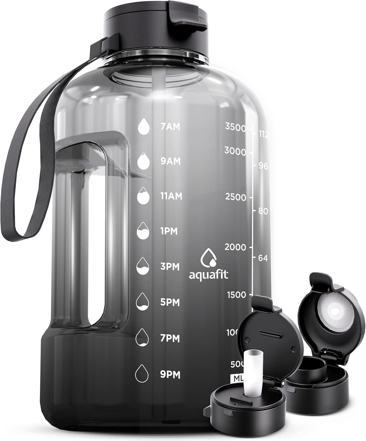 AQUAFIT 1 Gallon Water Bottle with Time Marker - 128 Ounces, Midnight Gray