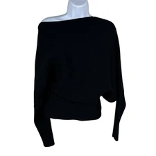 Reiss Lorna Asymmetric Top Sz L Black Off Shoulder Ribbed Knit Draped Jumper